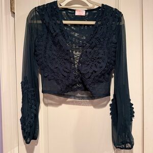 Elegant Lace-Up Dark Green Sheer Top